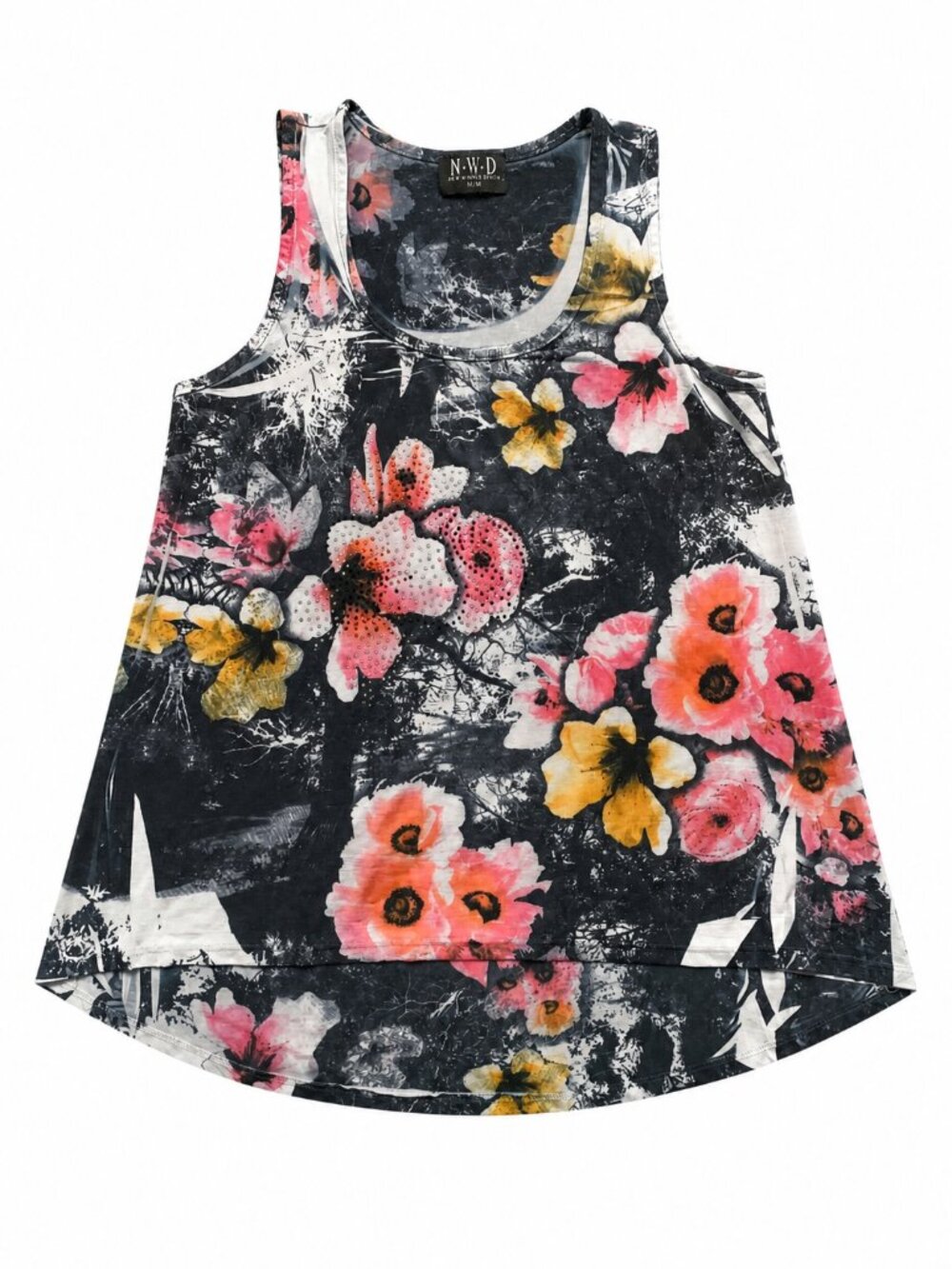 NWD - Floral Sleeveless Top - Black and Pink with rinestone details - Medium
